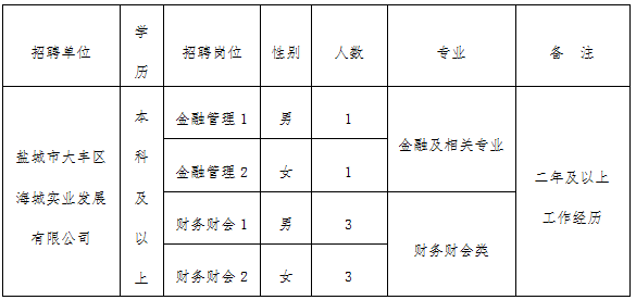 大丰港经济开发区海城公司公开招聘工作人员公告