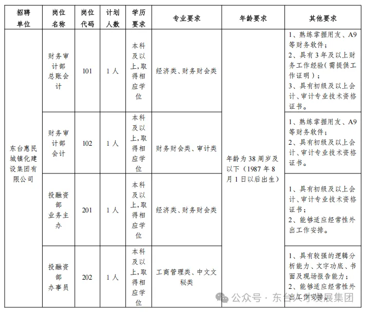 东台惠民城镇化建设集团有限公司公开招聘工作人员4名