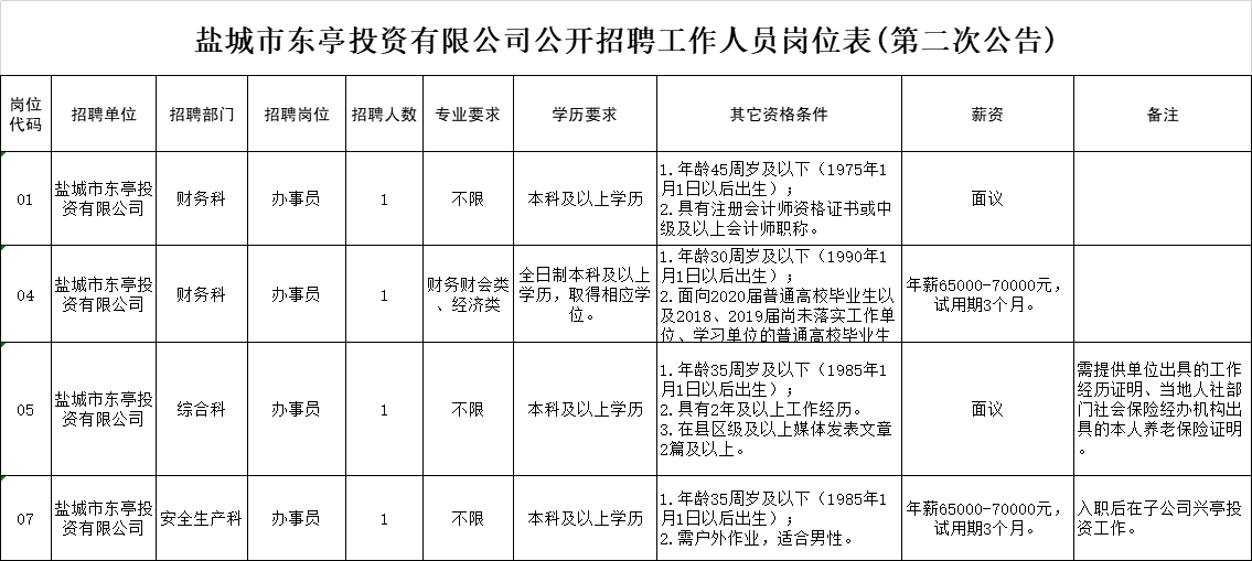 鹽城市東亭投資有限公司公開招聘工作人員崗位表