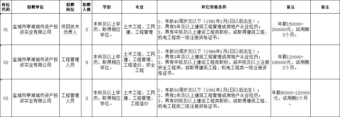 盐城市亭湖城市资产投资实业有限公司公开招聘工作人员岗位表