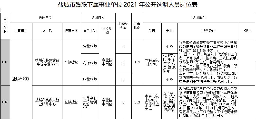 鹽城市殘聯(lián)下屬事業(yè)單位2021年公開選調(diào)人員崗位表